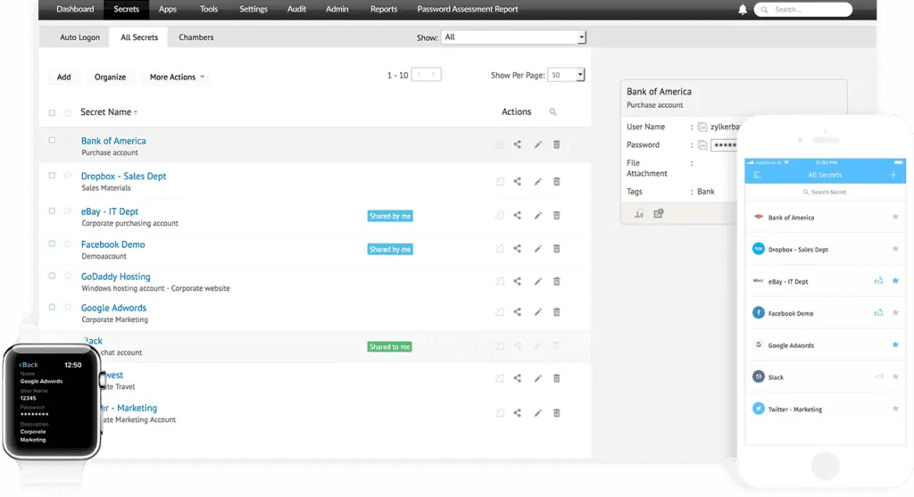 Zoho vault home screen and mobile apps