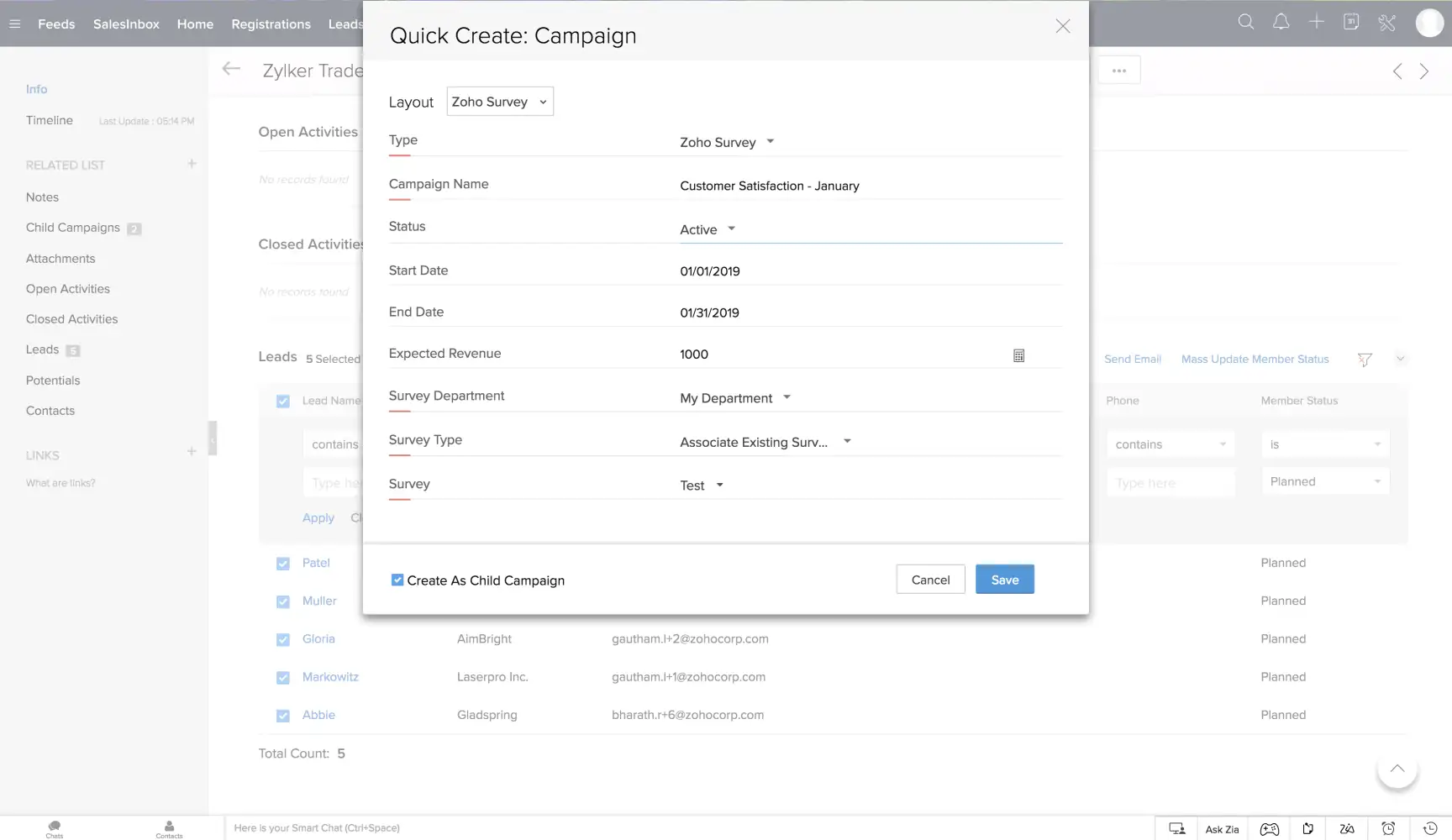 zoho crm campaigns quick create campaign